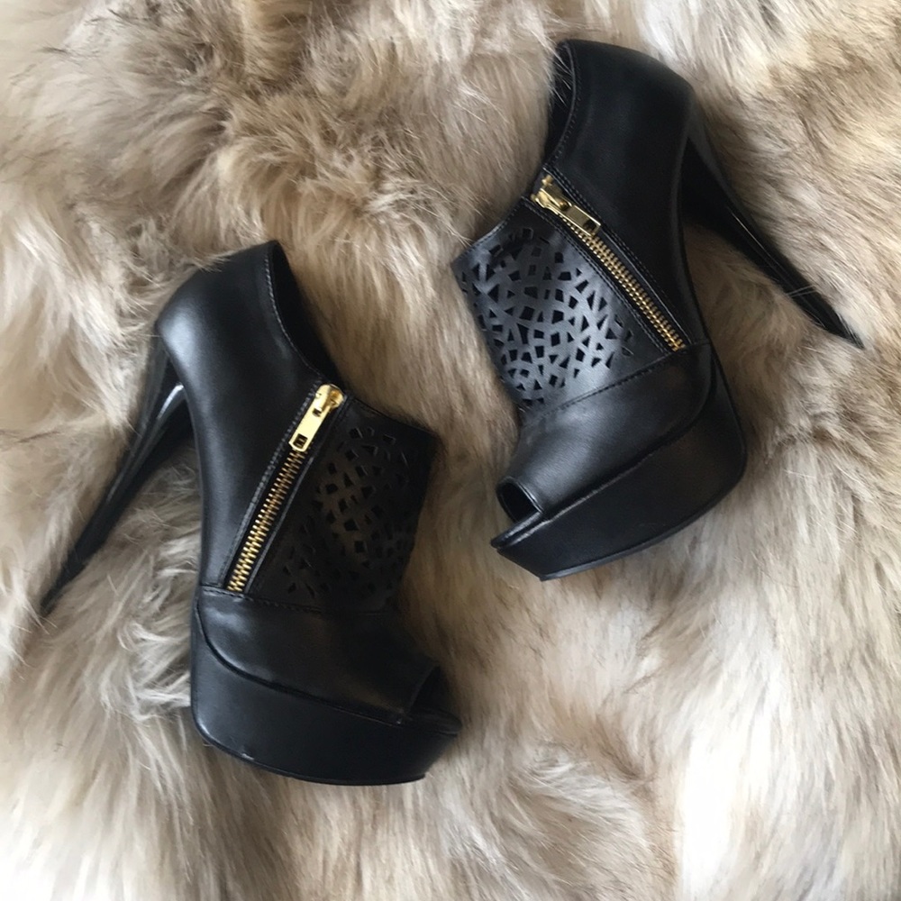 Black Platform Peep Toe Cutout Booties w/ Zipper